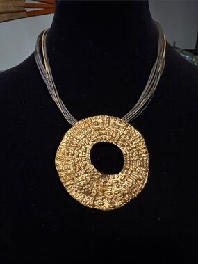 CHICOS Vintage Statement Gold Textured Donut Pendant Necklace - Women Jewelry